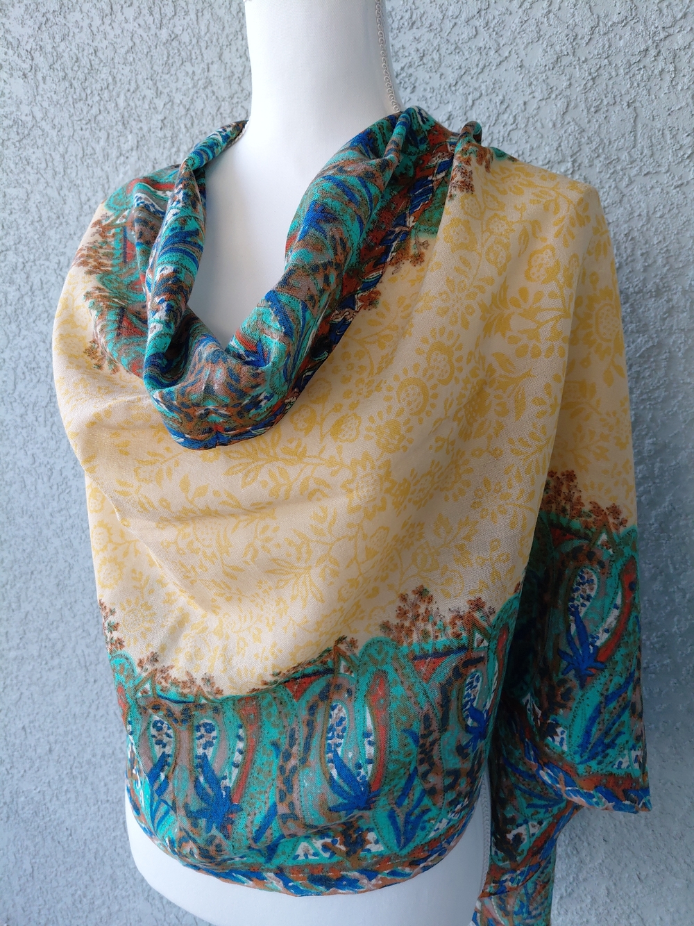 Lucky Brand Wool Boho Paisley Scarf Wrap Yellow Teal Blue Lightweight Fringe - Picture 2 of 9